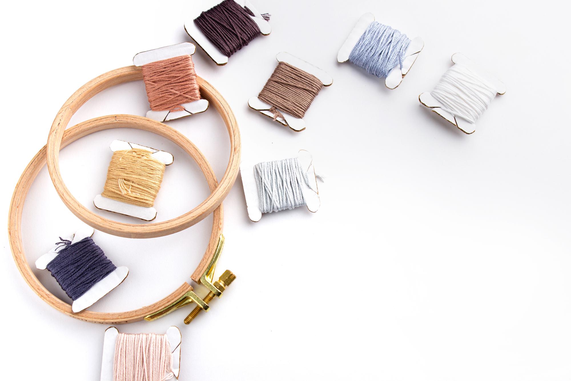 Embroidery kit with threads and needles on wooden table